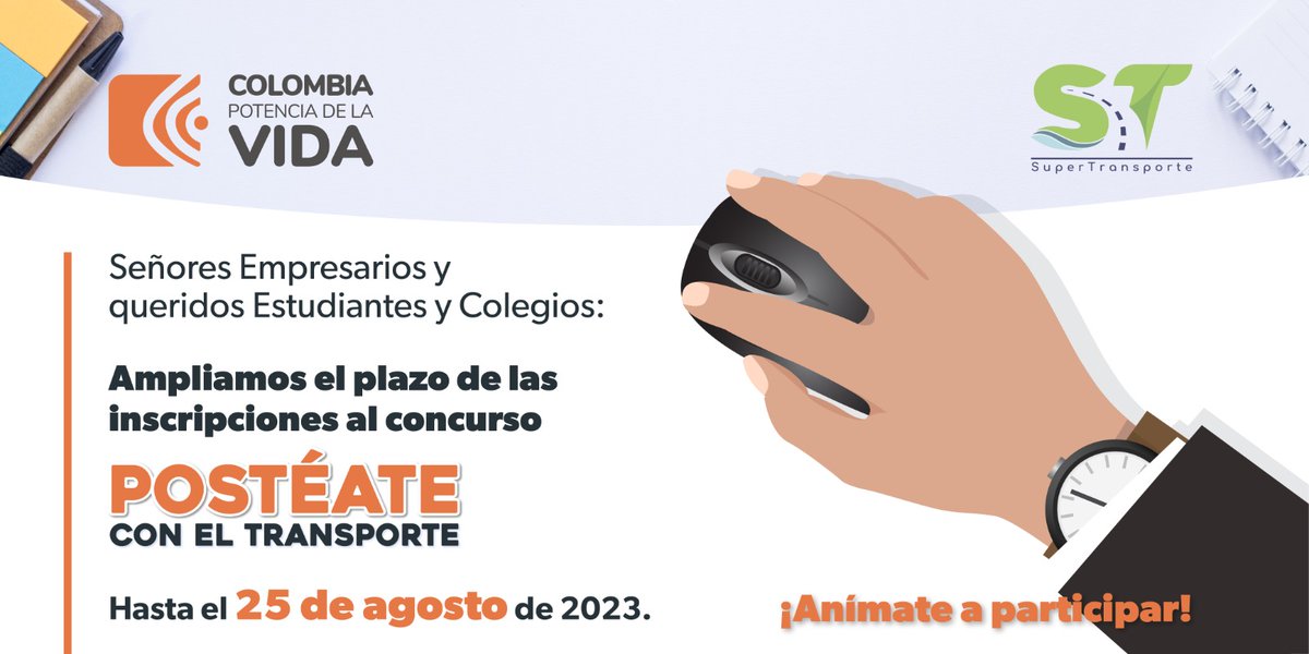 Supertransporte's tweet photo. Invitamos a los empresarios, colegios y estudiantes a participar en el concurso #PostéateConElTransporte, ampliamos el plazo de inscripcion hasta el 25 de agosto de 2023 y las bases del concurso pueden ser consultadas en el siguiente enlace: ➡️https://t.co/gSrNvClXeL https://t.co/wcRfgzPWJK