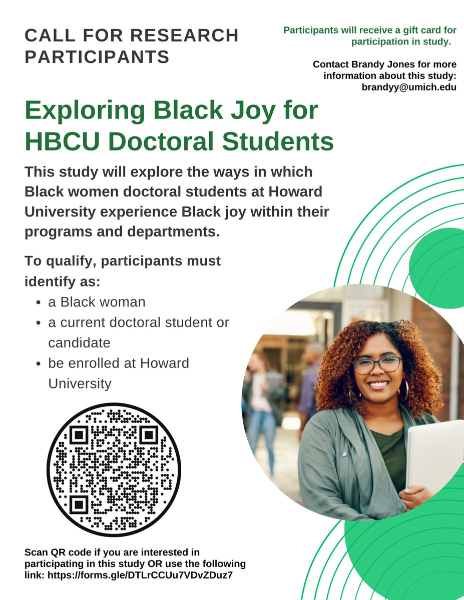 📢 Calling all Black women doctoral students @HowardU! I am conducting a research study on Black joy and your doctoral experiences. Your participation is voluntary and confidential. Please use the QR code or contact me if you are interested in participating. #BlackWomenInAcademia