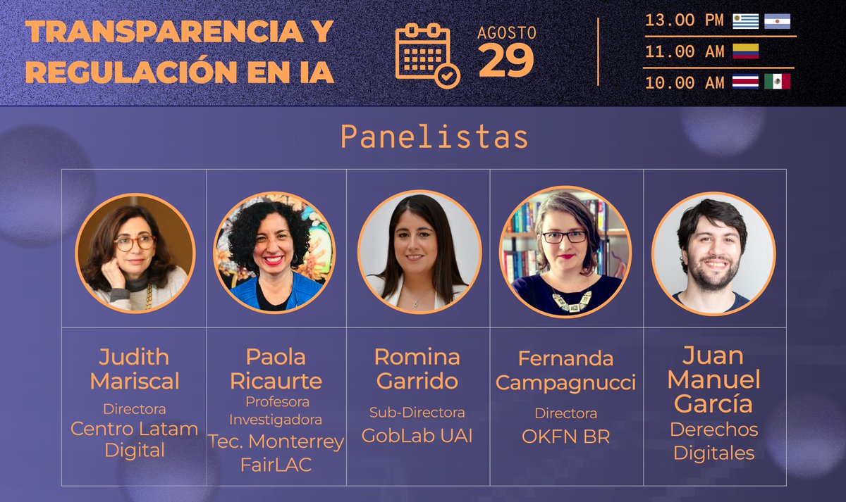 El próximo martes 29 te esperamos en la #SemanaIA para conversar sobre regulación y transparencia de la IA junto a <a href="/judithmariscal/">Judith Mariscal</a> <a href="/glouch_g/">Gloria J. Guerrero 🤖</a> <a href="/fecampa/">Fernanda Campagnucci</a> <a href="/rominic/">Romina Garrido</a> Juan Manuel García y Paola Ricaurte

Inscribite desde: bit.ly/47xUfR5