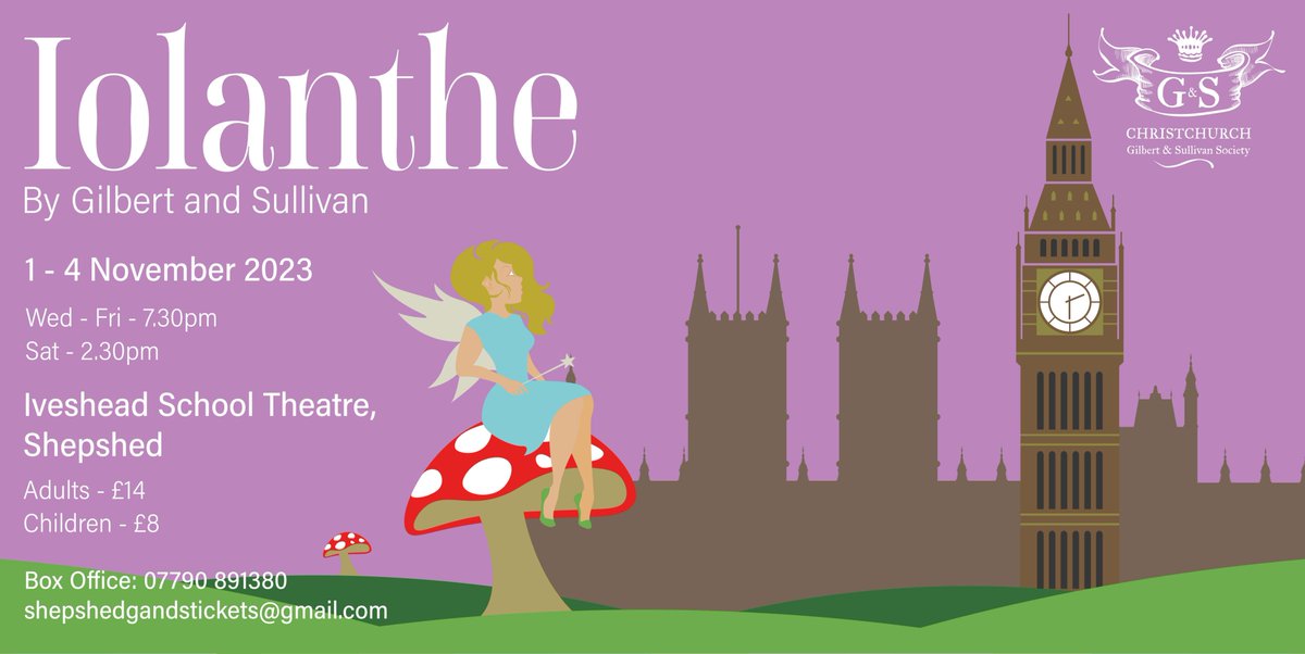 ChristchurchGS's tweet photo. 📢 Tickets are on sale for our bright and colourful production of Iolanthe in November. Fairies, politics and love - what more do you need? 
📅Wed 1 - Sat 4 November
🎟️£14 / Children £8
📞Box office 07790 891380
📧shepshedgandstickets@gmail.com
More info: https://t.co/SLy9y51F5k https://t.co/IUztPFrRIZ
