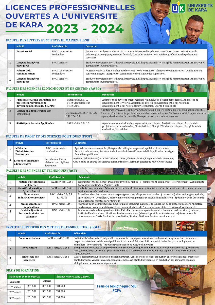 Pour l'année académique 2023-2024, voici les filières professionnelles ouvertes aux étudiants à <a href="/KaraUniversite/">Université de Kara</a>. Les filières fondamentales n'ont pas connues d'évolution sauf celles de l'Institut des Sciences Pédagogiques et de l'Administration Universitaire (ISPAU).