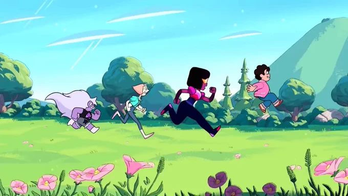 Fun fact of the  the 1st SU intro had a shot with the gems running and Steven catching up, eventually surpassing them. The 2nd included season one clips behind, symbolizing his growth to become a Crystal Gem.The movie uses the same shot, but Steven starts *already* ahead. 
