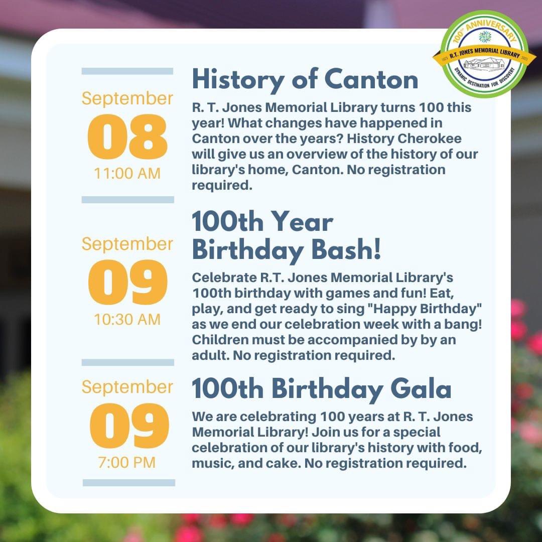 SequoyahRegLib's tweet photo. Happy 100th Birthday, R. T. Jones Memorial Library! π
Join the Sequoyah Regional Library System this September as we celebrate 100 years of public libraries in Cherokee County with fun, all ages birthday-themed programming.
#SeqLib #GeorgiaLibraries https://t.co/nrWsB2slyu