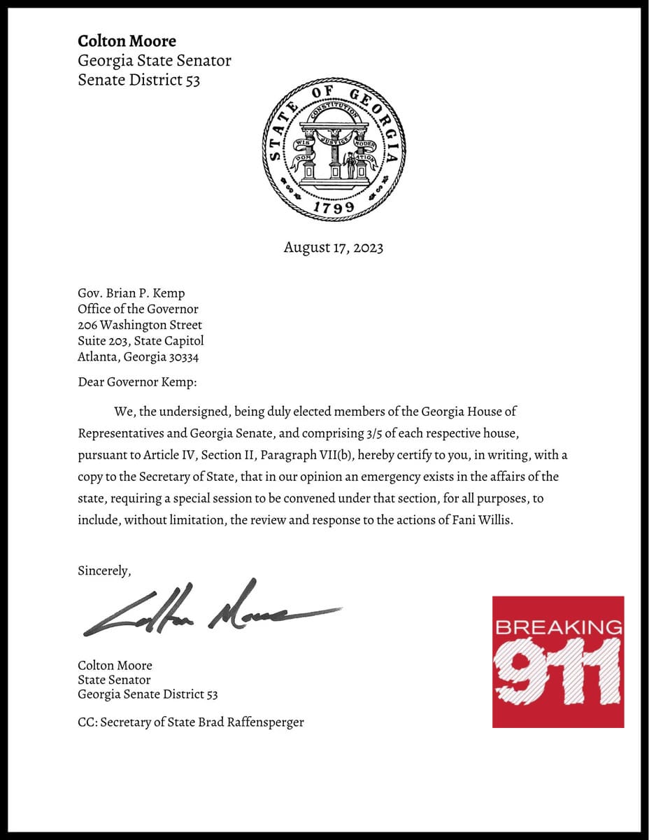 Breaking911 (@breaking911) on Twitter photo BREAKING: Georgia State Senator <a href="/realColtonMoore/">Sen. Colton Moore</a> officially calls for an emergency session to review actions by Fulton County DA Fani Willis which may lead to possible impeachment after politically indicting Trump:
“America is under attack. I’m not going to sit back and watch as BREAKING: Georgia State Senator <a href="/realColtonMoore/">Sen. Colton Moore</a> officially calls for an emergency session to review actions by Fulton County DA Fani Willis which may lead to possible impeachment after politically indicting Trump:
“America is under attack. I’m not going to sit back and watch as