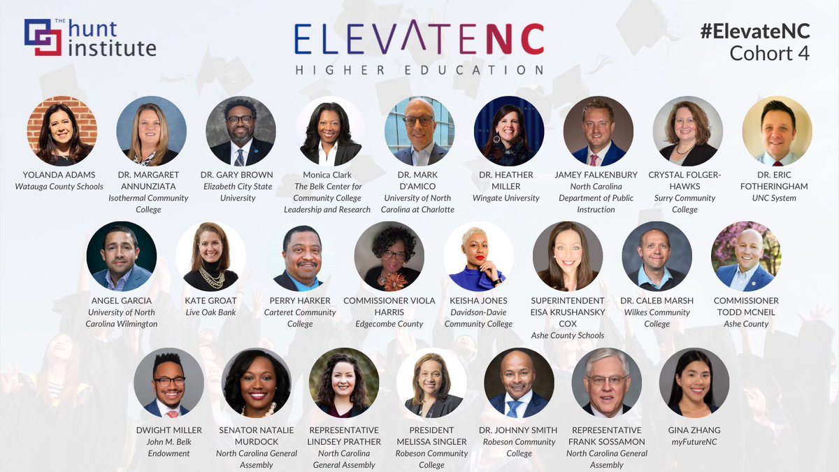 Can’t wait to join my fellow cohort members in Wilmington this month for our first #ElevateNC meeting with The @Hunt_Institute & @myFutureNC! Grateful for this opportunity to engage on important #HigherEd issues such as increasing postsecondary attainment! hunt-institute.org/news/12381-2/