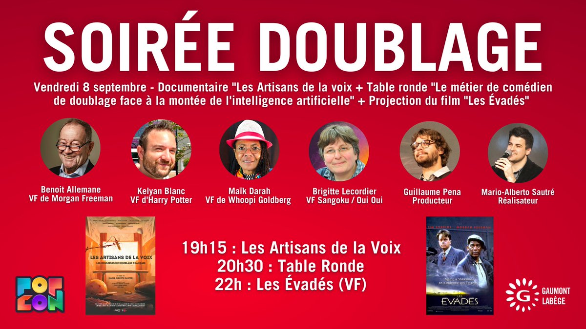 SOIRÉE DOUBLAGE🎙️Rendez-vous vendredi 8 septembre à Labège pour une soirée exceptionnelle :

19h15 : Docu "Les Artisans de la Voix" réalisé par <a href="/MarioSautre/">Mario-Alberto SAUTRÉ // MAScope</a> + 20h30 : Table ronde (voir tweet suivant) 🎙️ : bit.ly/3E1ZZoC

22h : Les évadés en VF : bit.ly/47uOuDT