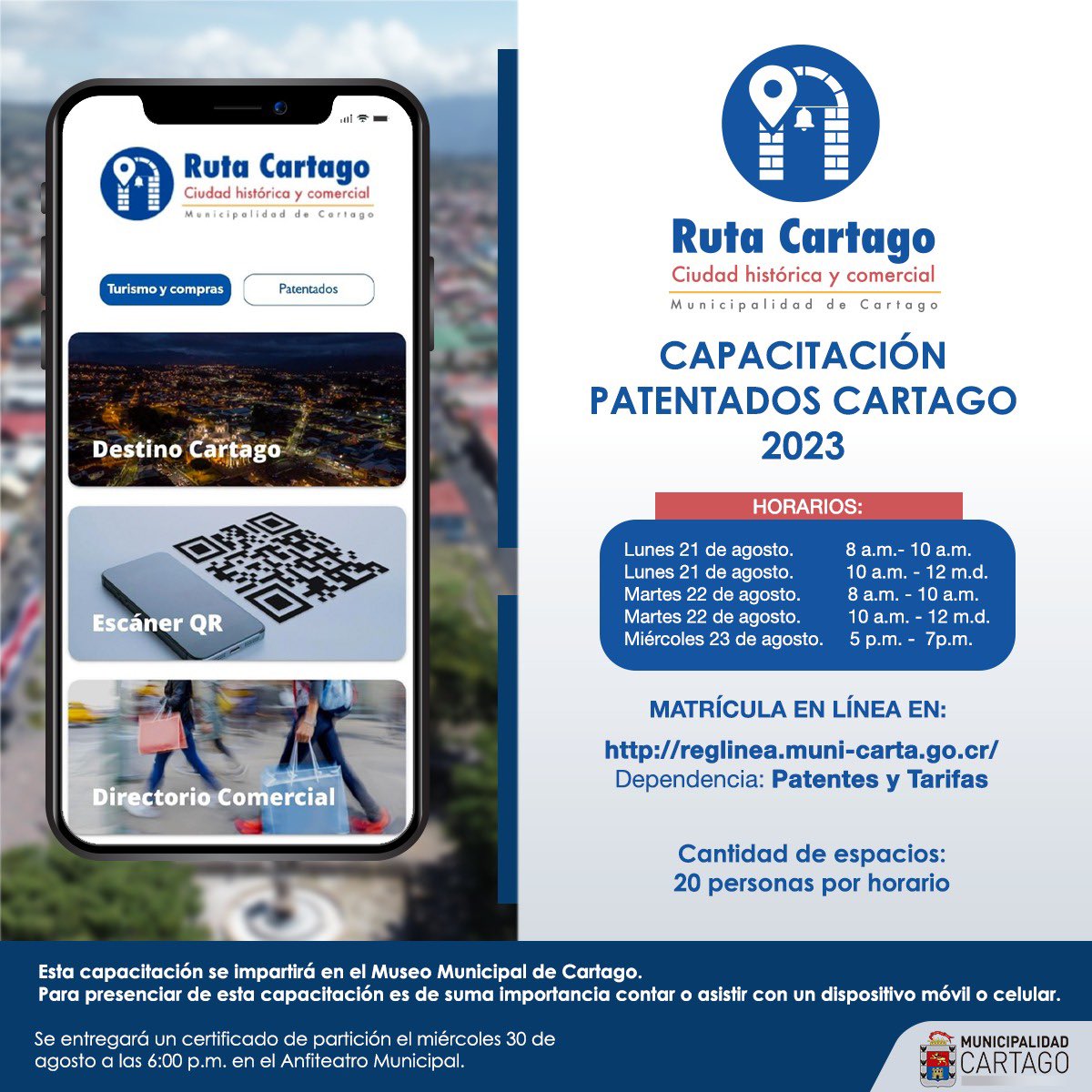 CartagoMuni's tweet photo. #RutaCartago Próximamente realizaremos el lanzamiento de nuestra app “Ruta Cartago”. Esta es una aplicación móvil que mostrará distintas opciones turísticas y de compras a los ciudadanos para que visiten y compren en Cartago.

Inscripción en: https://t.co/oo2EUlZ1tQ https://t.co/5iUVbjZRVa