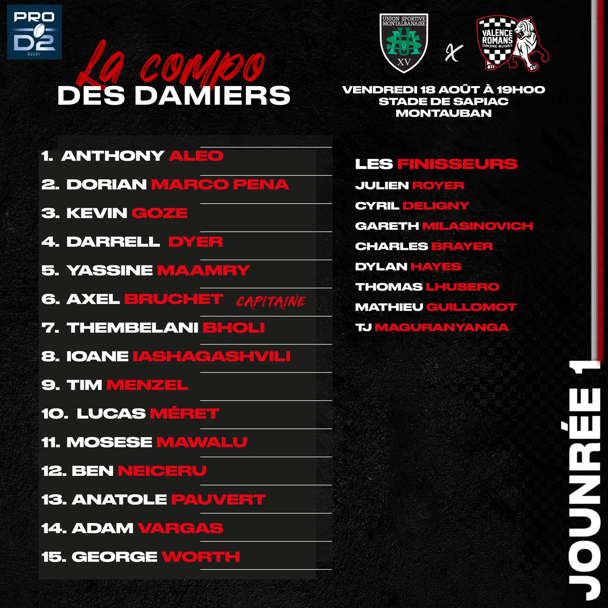 VRDRrugby's tweet photo. 📋 𝐂𝐎𝐌𝐏𝐎 | 𝐉𝐎𝐔𝐑𝐍𝐄́𝐄 𝟏 : @UsmSapiacRugby vs 𝗩𝗥𝗗𝗥

🛡 Découvrez les 𝗗𝗮𝗺𝗶𝗲𝗿𝘀 qui défieront les les Montalbanais pour cette première journée de PRO D2 !
-
#VISERHAUT #TRAVAILLERDUR #USMVRDR https://t.co/MxgavTiSHJ