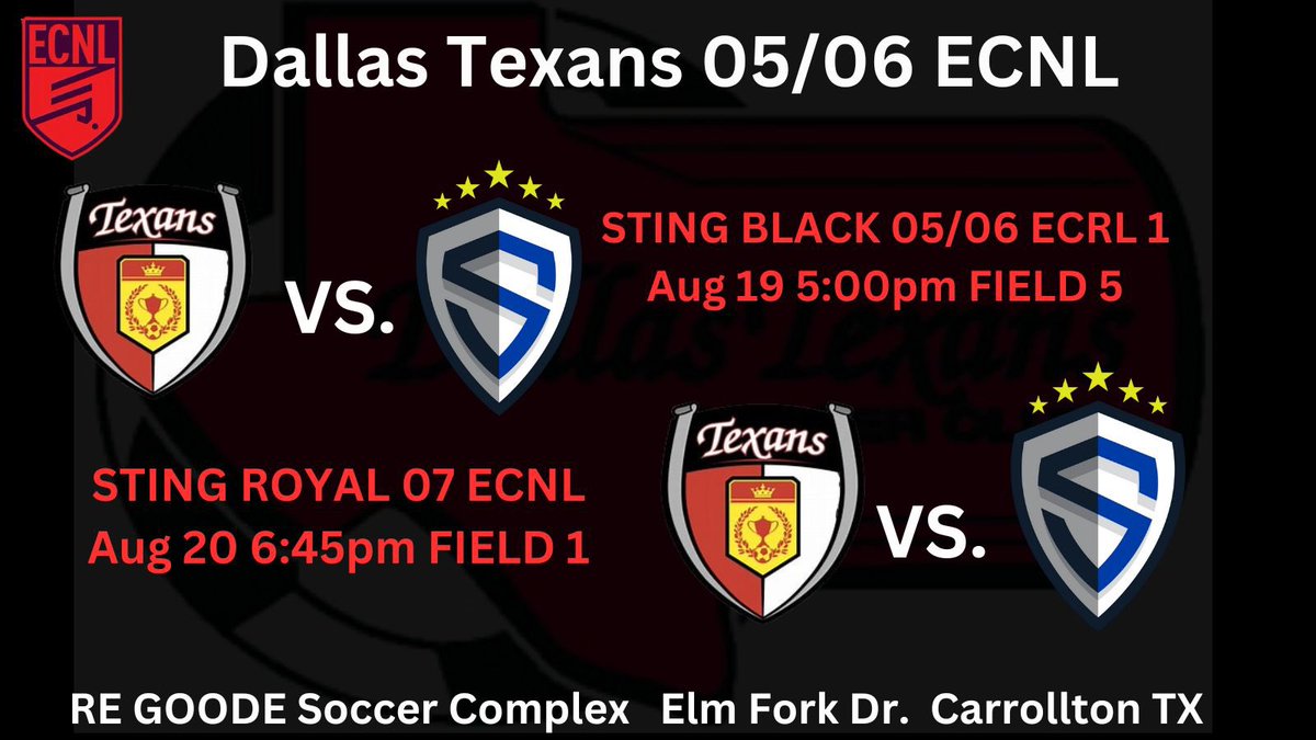 Mark your calendars as we head out this weekend for the Taco Bell Beau Brown friendlies! Going to be some great competition you won’t want to miss. Schedule 👇🏼👇🏼
<a href="/TheECNL/">The ECNL</a> <a href="/TopDrawerSoccer/">TopDrawerSoccer</a> <a href="/ImCollegeSoccer/">College Soccer Truth ™</a> <a href="/PrepSoccer/">Prep Soccer ⚽️</a> <a href="/ImYouthSoccer/">ECNL/GA/Recruiting/College Soccer</a> <a href="/TheDallasTexans/">Dallas Texans</a>