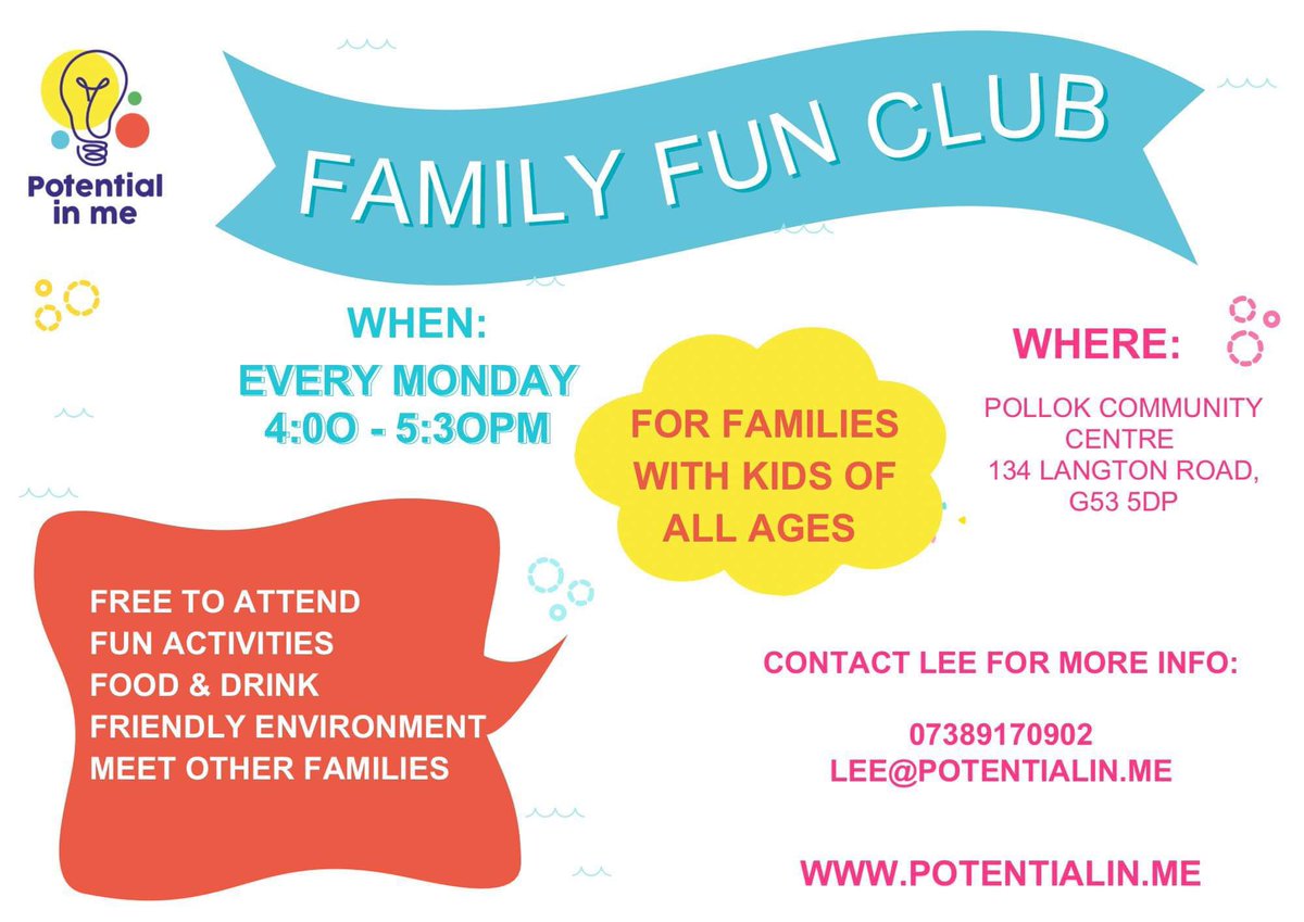 We’re super excited for our Family Fun Club starting back this coming Monday at Pollok Community Centre, 4.00-5.30pm. 

Can’t wait to see everyone again and hopefully some new faces! 

Please share! 

#FamilyFunClub #Family #GreaterPollok #GlasgowSouth