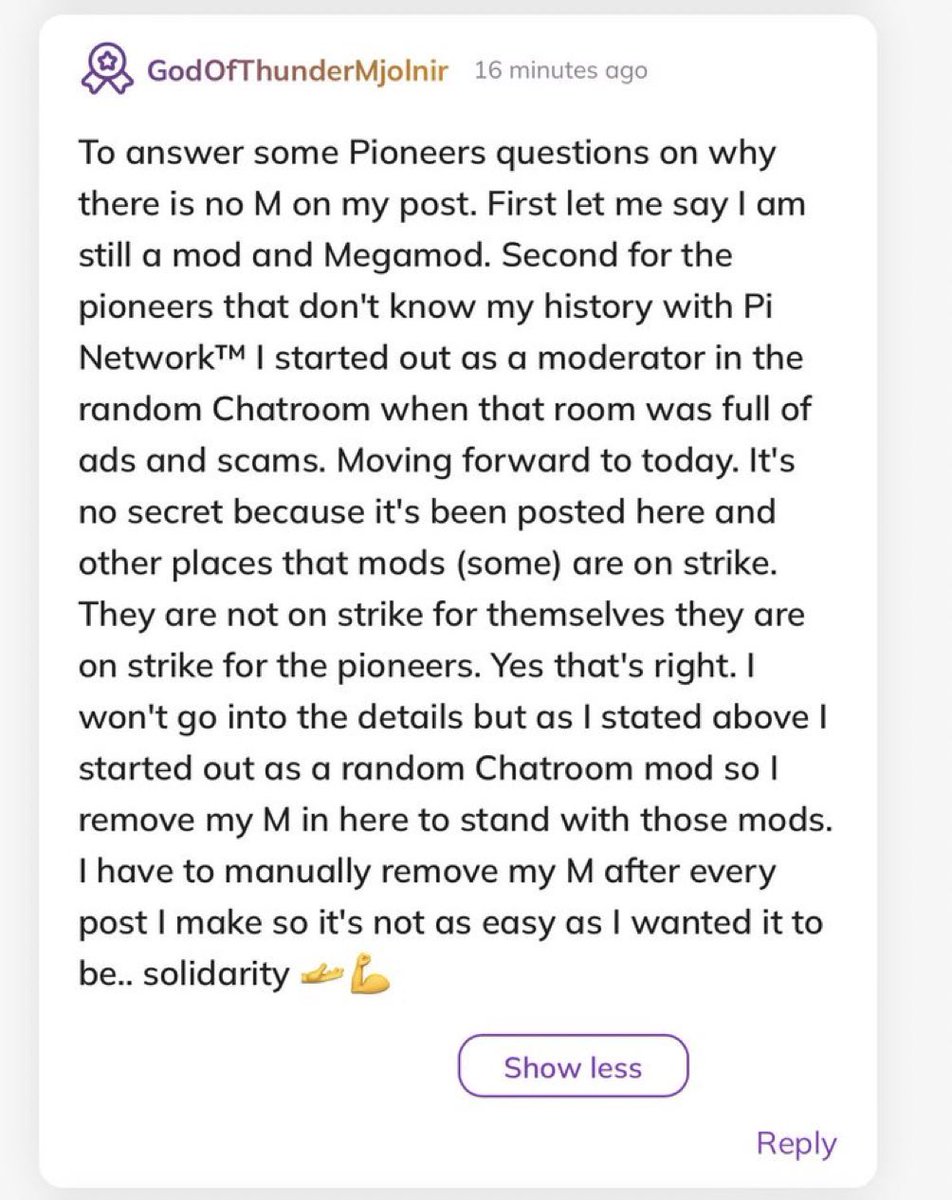 ProjectGabay's tweet photo. BREAKING:

PI NETWORK moderators are on strike. A while ago, I had an interaction with fellow Pioneers regarding GOTM MM, and the moderator badge is missing. Today we learned the reason behind the missing chatroom badge. The Pi Network moderators are on strike, according to this screenshot from the chatroom posted by GOTM.

What are the reasons for their strike? We’ll find out soon enough as more details emerge.

This is an interesting development, and I hope this strike will expedite the open mainnet and the KYC process for every Pioneer. Let’s hope for the best and anticipate open mainnet progress as soon as possible. 

Hopefully, we can trend this hashtag #StrikeForThePioneers #GOTM #ModeratorStrike #StrikeForPioneers