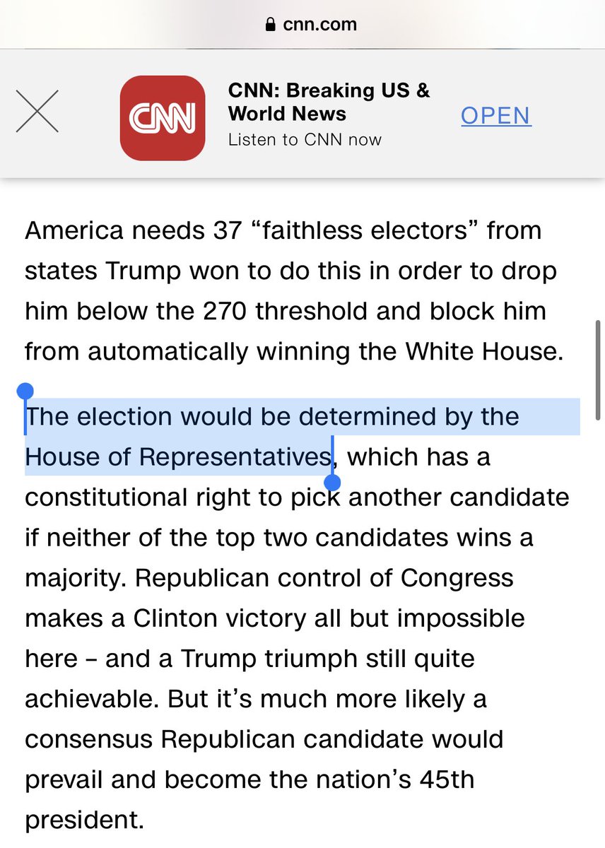 CNN in 2016

- America needs 37 "faithless electors” from states Trump won to do this in order to drop him below the 270 threshold and block him from automatically winning the White House. The election would be determined by the House of Representatives, which has a