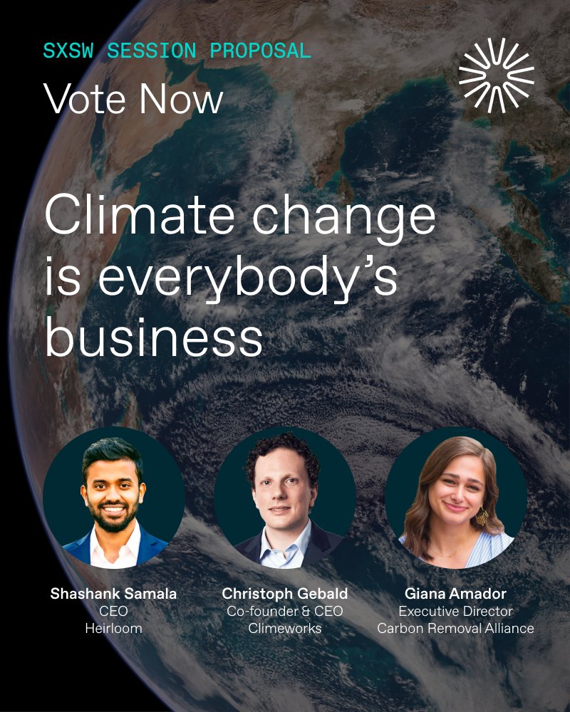 Vote for our panel at #SXSW2024  now: lnkd.in/d3qRMnFv

With your vote, our CEO <a href="/ShashankSamala/">Shashank Samala</a>, <a href="/Climeworks/">Climeworks</a> CEO  <a href="/ChristophGebald/">Christoph Gebald</a> and CRA Executive Director <a href="/GianaAmador/">Giana Amador</a> will share how the carbon removal industry is coming together to maximize the role carbon removal can