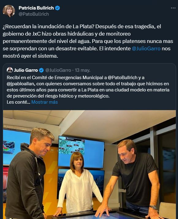 AgenciaElVigia's tweet photo. La campaña de Patricia Bullrich del pasado 23 de Mayo, cuando mostraba las supuestas obra del intendente de La Plata, Julio Garro, que terminarían con las inundaciones. https://t.co/wUvZnhKCxp