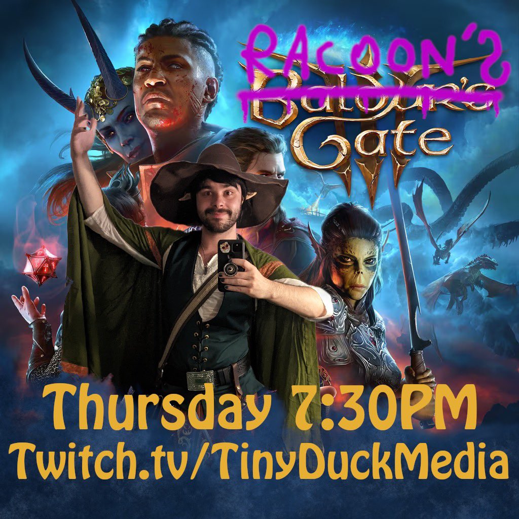 tinyduckmedia's tweet photo. Michael as Racoon Jones starts an all new journey and we’re all definitely here for the plot! Baldur’s Gate 3 tonight at 7:30pm CST on Twitch!

https://t.co/BrYr9Gj46H

#dnd #dndmemes #rpg #tinyduckmedia #spooky #twitch #newstreamer #pride #thelastofus #baldursgate #baldursgate3 https://t.co/4KxTfT35aM