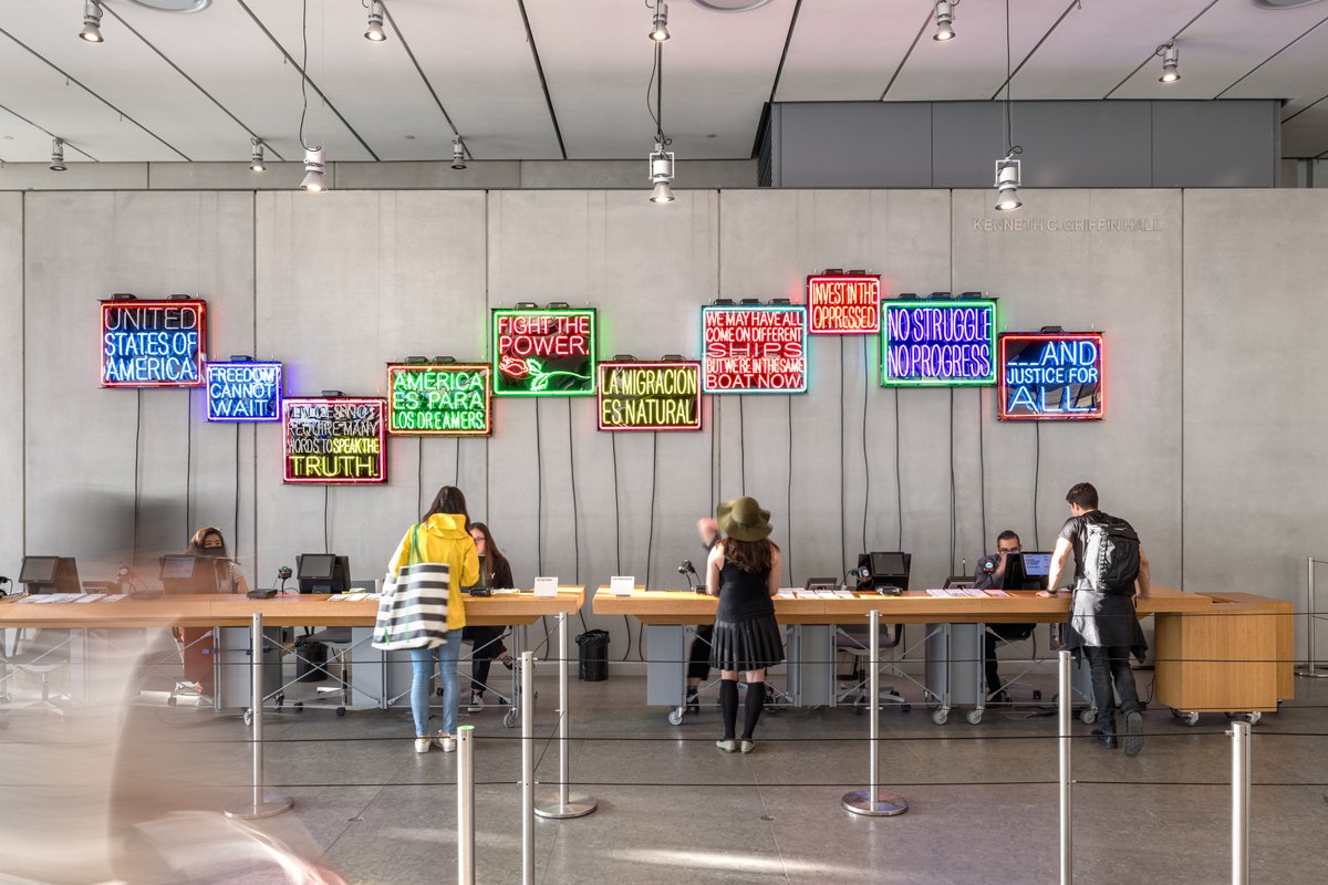 whitneymuseum's tweet photo. Patrick Martinez's neon signs on view in the Museum's lobby have caught the eye of visitors from both inside and outside of the building.
These works, Martinez told us, "are inspired by neon signage found in my city of Los Angeles in neon." Hear more: https://t.co/8F0Ybg92ek https://t.co/zQOr5TYtpi