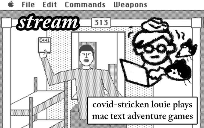 hey y'all! gonna stream some old Mac text adventure games tonight at 7-ish PST. come keep me company as i convalesce 🖥️🥶 

https://t.co/BGSr4uBMTM 