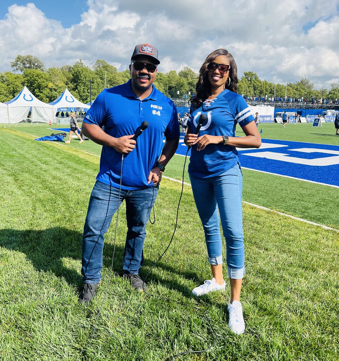 What a great day at @GrandParkSports with the @Colts! 💙🏈💙🏈💙🏈 You know @FOX59’s always got your exclusive access covered so join us now live for a little taste of @ColtsBluezone @NickMcGillTV & I will #seeyouonTV📺 Oh and @blue could have some tricks up his sleeve 😉