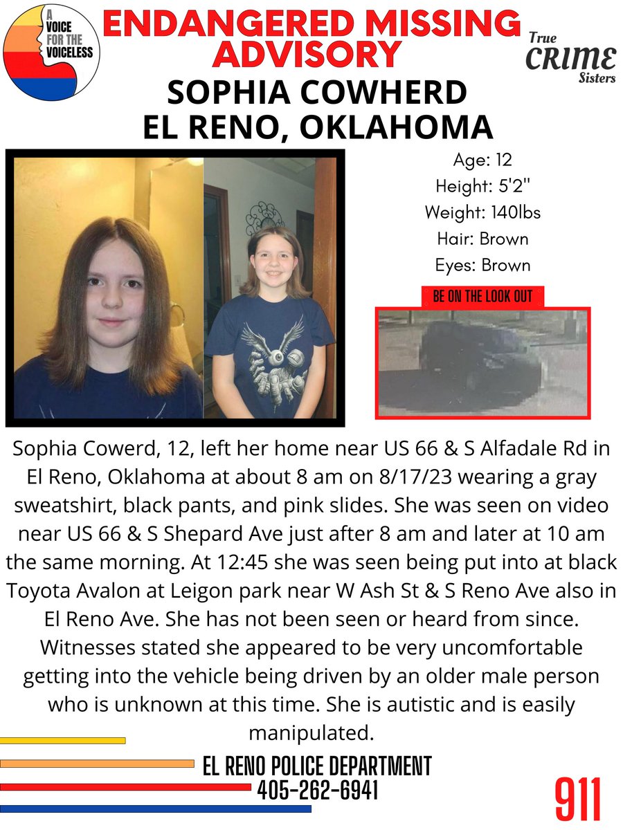 AwarenessTCS's tweet photo. PLEASE‼️It only takes one second to share this #MissingPerson 
Endangered Missing Advisory
#SophiaCowerd, 12, left her home near US 66 &amp; S Alfadale Rd in #ElReno #Oklahoma at about 8 am on 8/17/23 wearing a gray sweatshirt, black pants, and pink slides. https://t.co/9kTgiDdhpH