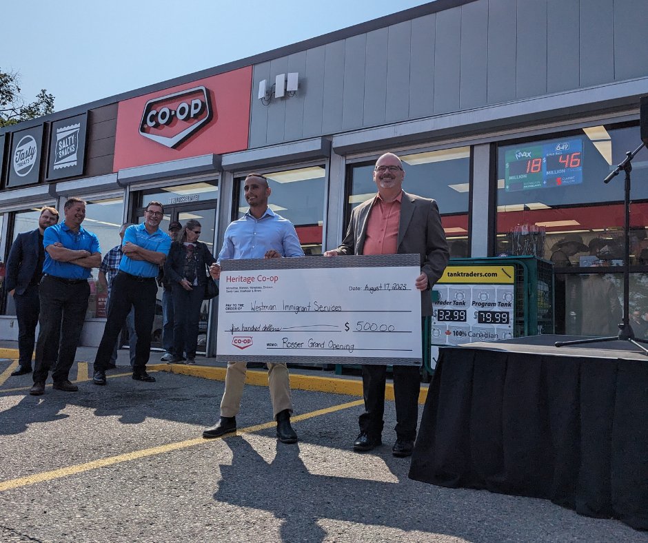 HeritageCoopLtd's tweet photo. Wow - what a fantastic day! Not only did we get to celebrate the Grand Opening of our Rosser Gas Bar Location, but we had the chance to celebrate a $500 donation to Westman Immigrant Services.
Thank you to everyone who came to for this great event!๐๐ฅณ https://t.co/ZnmPg2lpCW