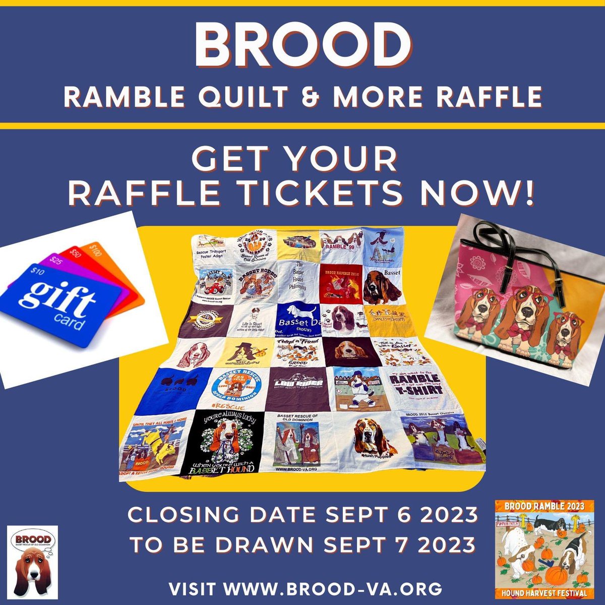 BROODva's tweet photo. Special raffle! 20 gift cards, two baskets, five special items AND our one-of-a-kind t-shirt quilt. One winner will be chosen for each item, except the gift cards.  The raffle ends on Sept. 6! For all the rules &amp; to purchase your tickets, visit: https://t.co/CFiueJoVCV https://t.co/aP9G3fLHS7