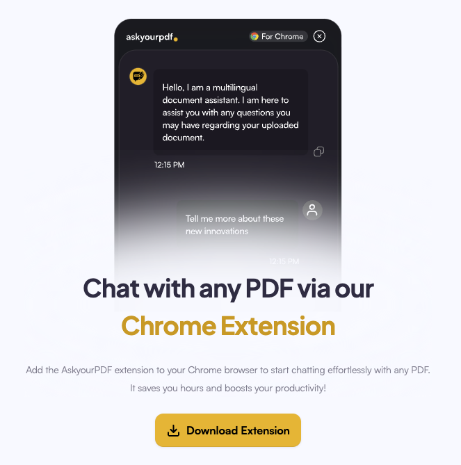 AskYourPdf's tweet photo. Install the sleek @AskYourPdf Chrome extension for a mind-blowing experience.👇🏻

https://t.co/rBzbjjaA8y

#askpdf #chatpdf #extension #ChatGPT $PDF https://t.co/XNbdEh4Ugq