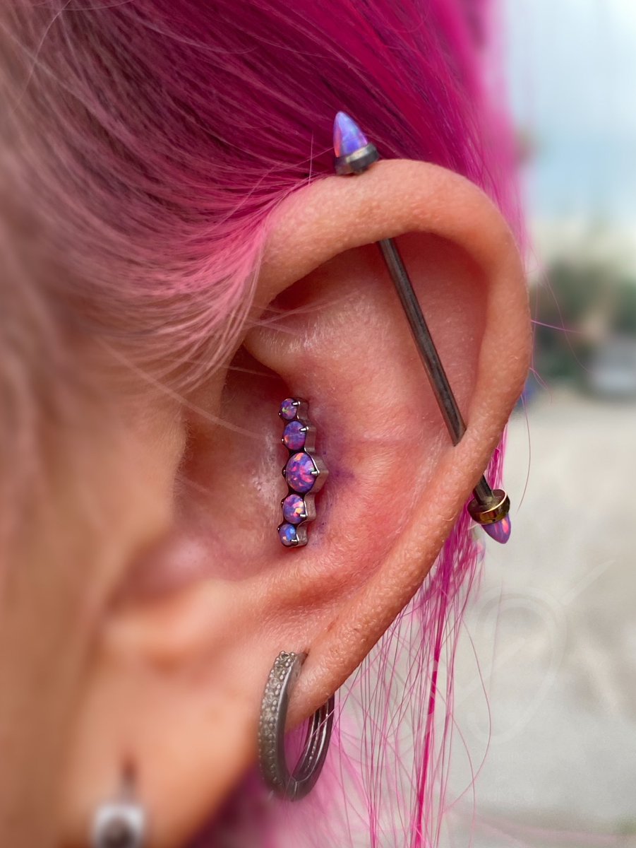 DavidReifert's tweet photo. #conchpiercing perforación realizada con Top Cluster de Opalo morado 💜 haciendo juego Perfecto con su piercing industrial que le realice hace tiempo 🫶🏻 #IndustrialPiercing #piercing #safepiercing #piercingseguro #finejewellery #opaljewellery #opalo #purple #opalpurple https://t.co/VRDAPH90zP