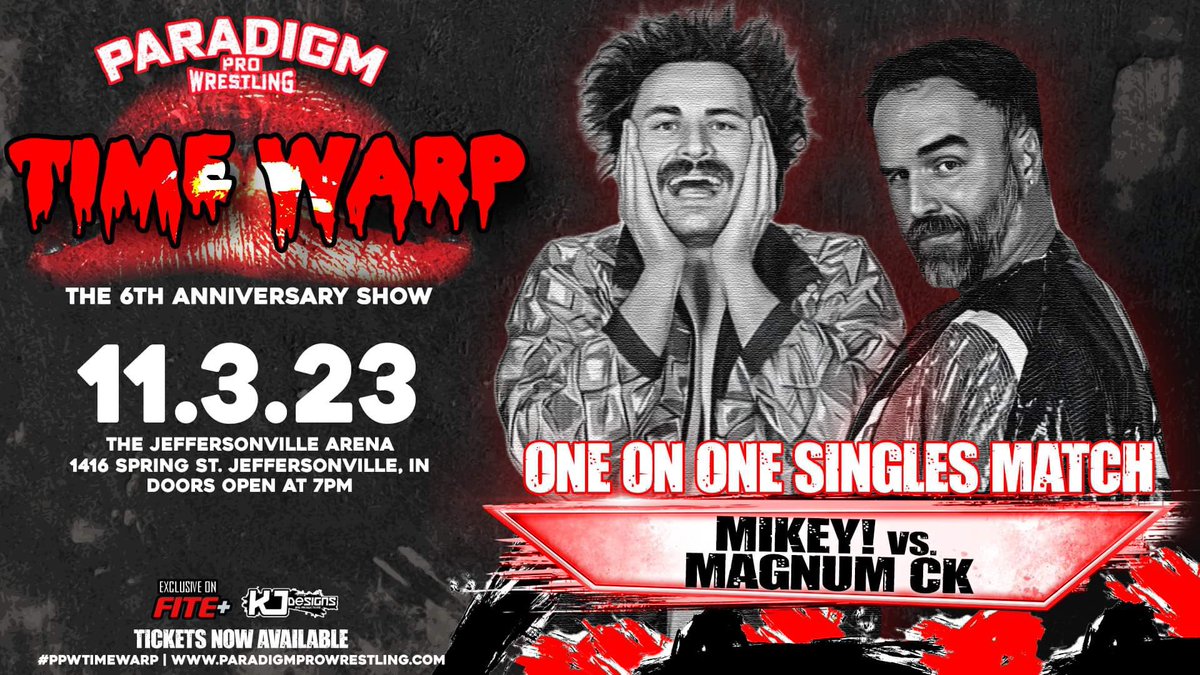 🚨 6th Anniversary Announcement 🚨 More personality than the ring can possibly contain. Mikey! vs Magnum CK 🌀#PPWTimeWarp 1 Night Doubleheader 📅Friday, November 3 📍Jeffersonville, IN THIS WEEK ONLY: Use promo code SIX to save $10/ticket at ParadigmProWrestling.com!