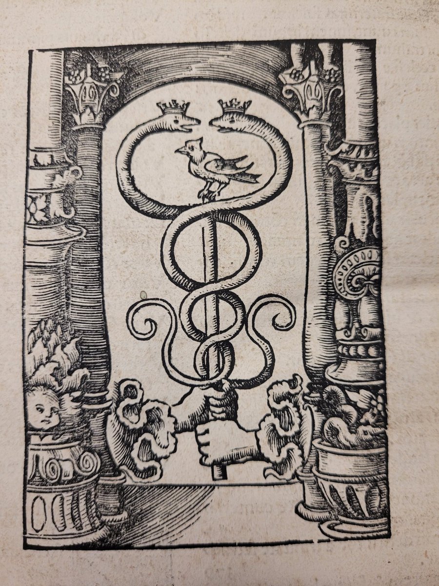 jordan_library's tweet photo. Johann Froben’s (ca. 1460–1527) printer’s mark showing a caduceus held by Mercury’s hand, with an enthroned dove. In the 15th and 16th centuries, #printersmarks served as a sort of copyright, protecting the books from unlawful reprinting. From our 1521 copy of Opera Q. Septimii https://t.co/dTiNxDQcSi