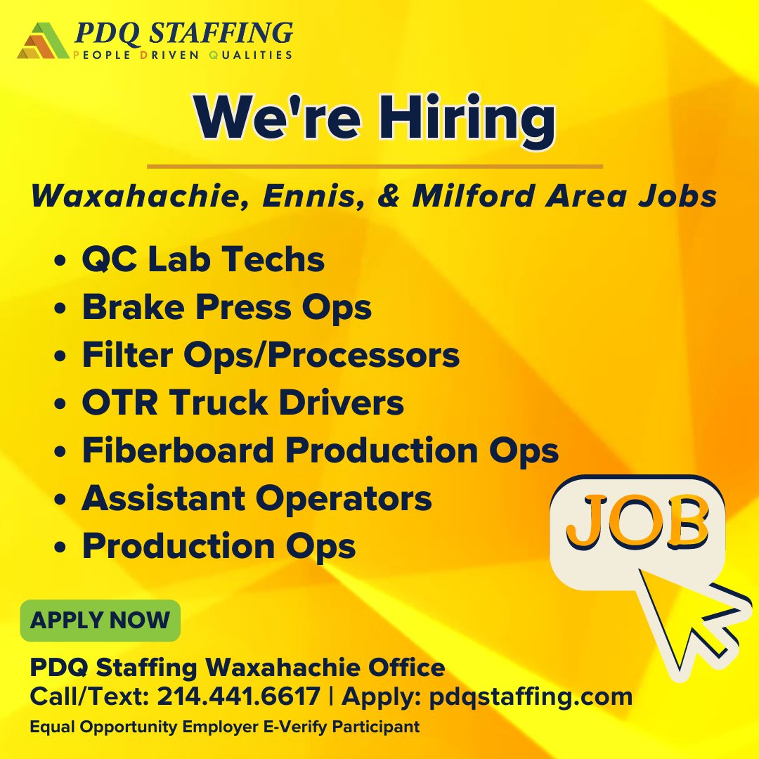 #Hiring #ProductionOps, #FilterOs / #Processors, #FiberboardProduciton, #QCLabTech, #BrakePressOps & #OTRtruckdrivers. Apply: hubs.li/Q01_ndD60 Call/text: 214-441-6617. EEO #pdqstaffing #pdqskilledtrades #dfwjobs #elliscountyjobs #Waxahachietx #ennistx #Milfordtx