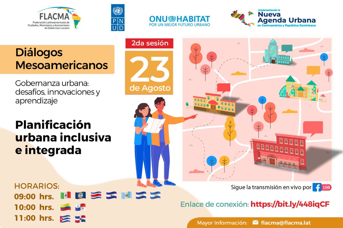 #FLACMA invita a 2a Sesión <Diálogos Mesoamericanos en Gobernanza Urbana>

Conversan Alcaldes y líderes locales s/iniciativas urbanas y participación ciudadana

<a href="/onuhabitat/">ONU HABITAT América Latina y El Caribe</a> <a href="/PNUDLAC/">PNUD América Latina y el Caribe</a>
 y <a href="/SGSISCA_SICA/">SISCA</a>

🗓️Agosto 23

👉Registro: bit.ly/3QC2Ps5
Enlace: bit.ly/448iqCF