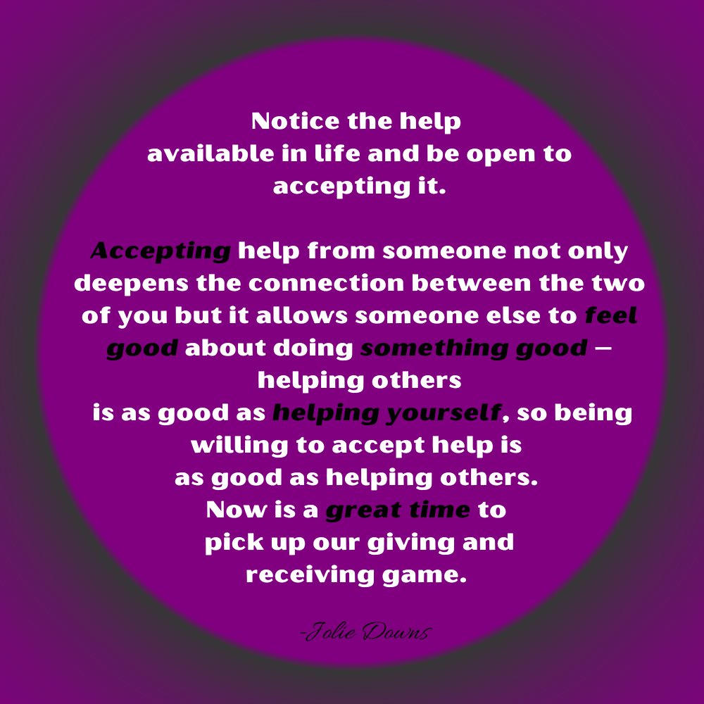 JolieDowns's tweet image. Notice the help available in life and be open to accepting it. 

Accepting help from someone not only deepens the connection between the two of you but it allows someone else to feel good about doing something good..

#TogetherWeThrive
#freshbloodpodcast
#thrivingafter40