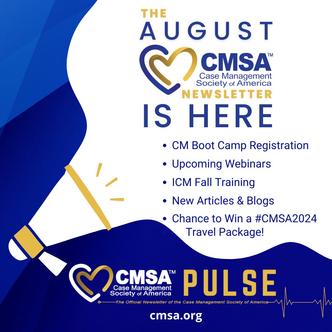CMSANational's tweet image. Read the July #CMSAPulse Newsletter for all the news you need! bit.ly/CMSAPulseAug20…
- Case Management Boot Camp Registration
- Upcoming Webinars
- ICM Fall Training
- New Articles &amp;amp; Blogs
- Chance to Win a #CMSA2024 Travel Package!
#CMSA #CaseManagement
