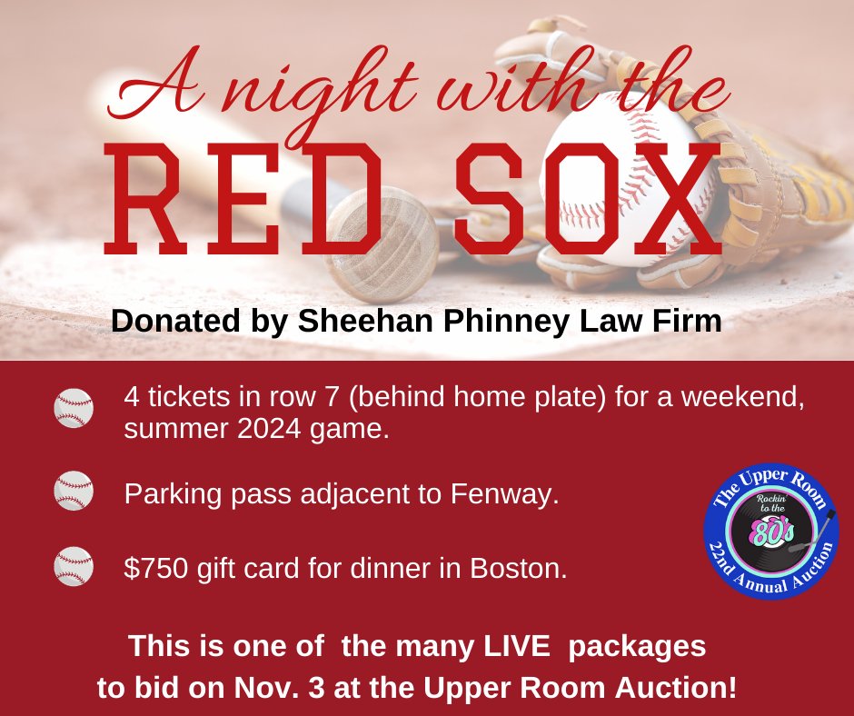 This package is a HOME RUN donated by Sheehan Phinney! Four tickets (for 2024 weekend summer game) behind home plate. Includes parking and a $750 gift card. Bid on this and other great items at The Upper Room's 22nd Annual Auction Nov. 3. <a href="/sheehanphinney/">Sheehan Phinney</a>