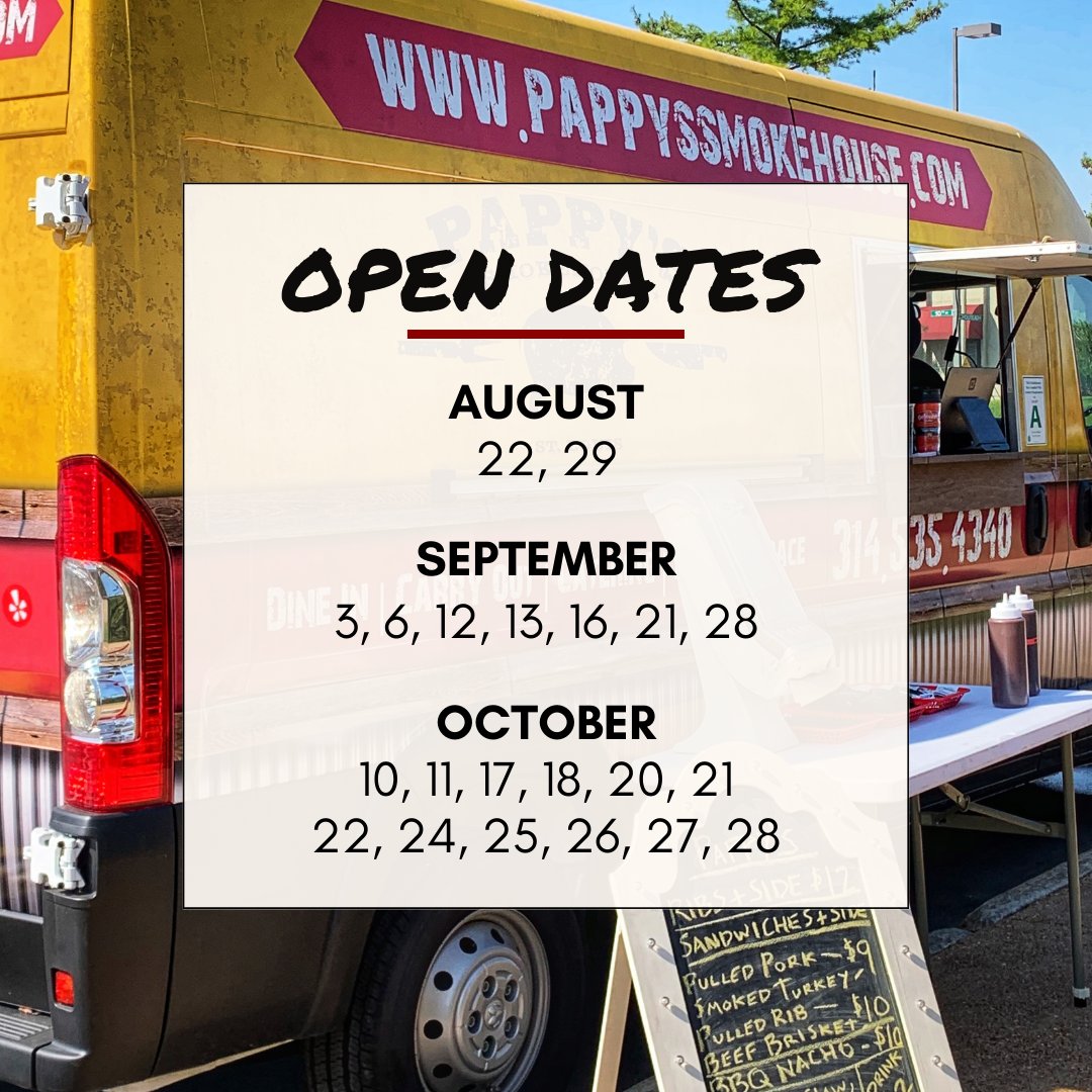 Great news! Pappy's Rollin' Smoke has some open dates!

Better grab one of these dates while you can! 🐷🔥🚚

📲 Chuck at 314.326.1369 or foodtruck@pappyssmokehouse.com!

#pappyssmokehouse #foodtruck #bbq #pappysrollinsmoke #barbecue #booktoday #stleats #eatlocal