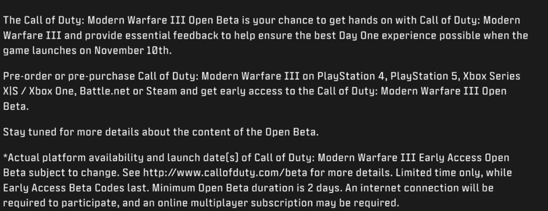 Call of Duty: Modern Warfare III, Open Beta Early Access