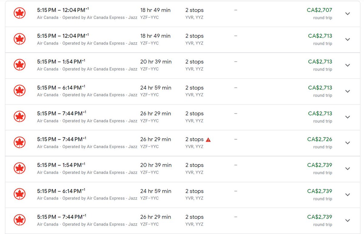 GenXistory's tweet photo. Also for a single passenger looking for a roundtrip to YYC on a 10 day return.    

Currently you're looking at $2707 CAD Base Price 
for Economy without Baggage.  

These flights also include an overnight in YVR before next day travel to Calgary. https://t.co/2mduSxLEpK