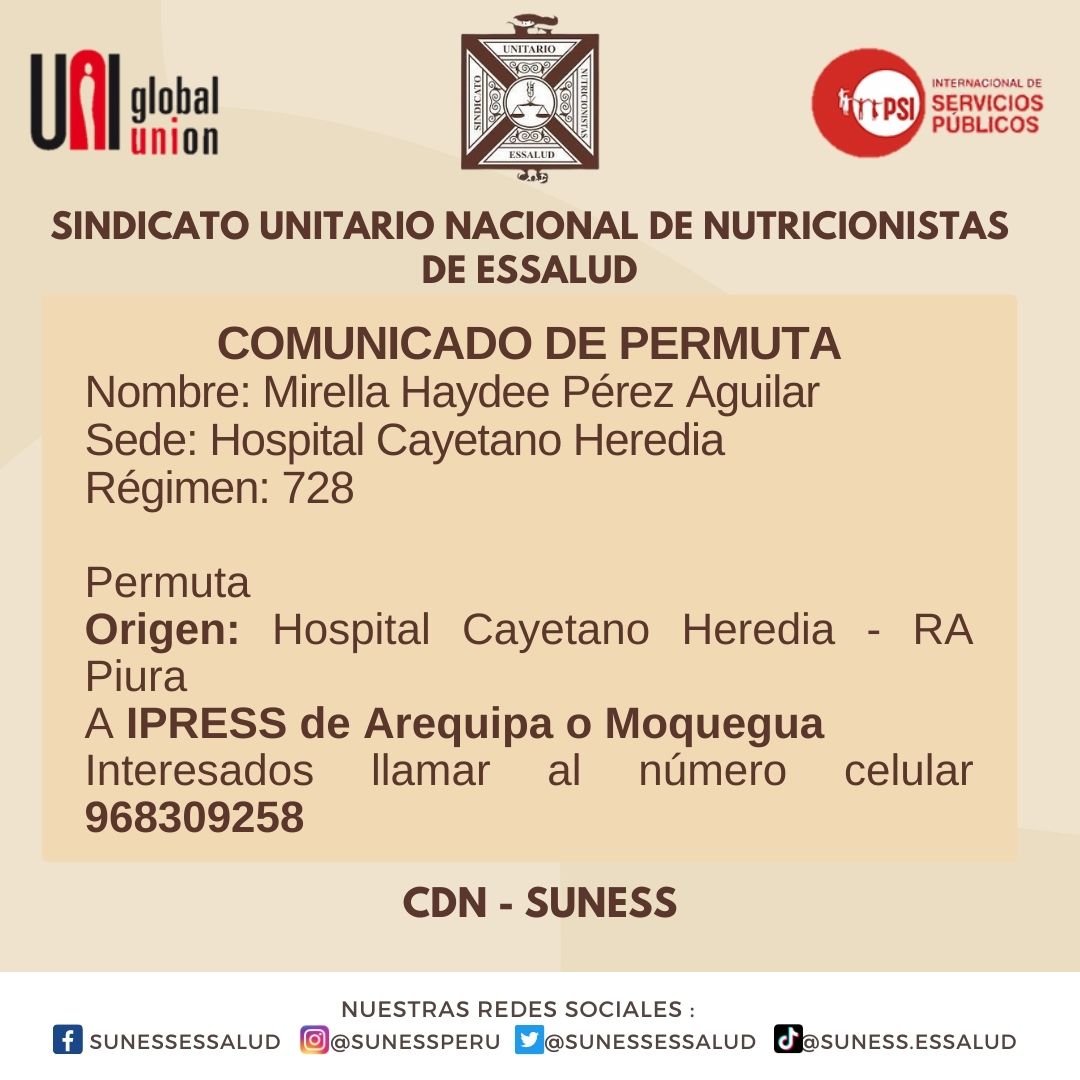 sunessessalud's tweet image. #sunessinforma #permuta
COMUNICADO DE PERMUTA
Origen: Hospital Cayetano Heredia - RA Piura
A IPRESS de Arequipa o Moquegua
Interesados llamar al número celular 968309258