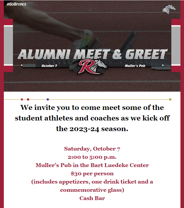RiderUAlumni's tweet photo. Happy Thursday Broncs!! You are invited to come meet student athletes &amp; coaches to kick off the 2023-2024 season!! The meet &amp; greet will be held on Saturday October 7th, 2023 at the Pub 2-5pm &amp; $30 per person (includes appetizers, one drink ticket &amp; a commemorative glass)!! ❤️🐴 https://t.co/yQEWI6USUU