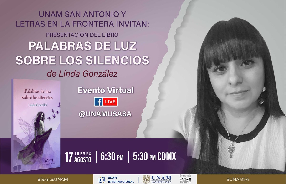✨Querida comunidad lectora, las y los invitamos a la presentación del libro📚 “Palabras de luz sobre los silencios” 💬 de la escritora Linda González. ✍️ 
🗣Participarán la autora y Marisol Vera Guerra
📆Jueves 17 de agosto - 6:30 pm (CST)/ 5:30 pm (CDMX).
📽 #FacebookLive