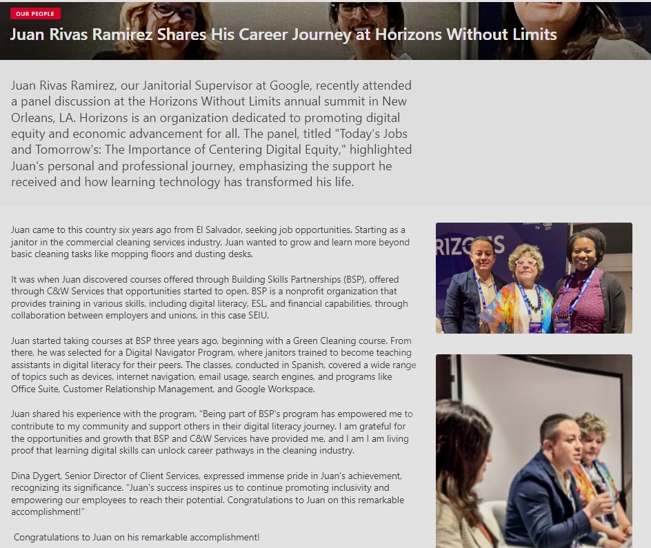 Building_Skills's tweet photo. Thank you to C&W Services for featuring BSP’s #DigitalLiteracy & Juan Rivas in their recent company update! Juan is a former property #serviceworker who engaged in BSP’s #upskilling programs. He is now the Special Projects Supervisor for C&W Services at #Google. #careerpathways https://t.co/kRWvKzx9dS