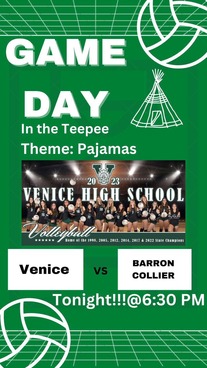 ⭐️HOME GAME⭐️
‼️‼️TONIGHT AT 6:30‼️‼️
💥Venice VS Barron Collier💥
🔥SHOW SOME SCHOOL SPIRIT AND POP OUT🔥
💚🤍SHOW OUR GIRLS SOME SUPPORT🤍💚
<a href="/VHSVolleyball/">Coach Brian Wheatley</a> <a href="/VHSIndianSports/">Venice HS Athletics</a>