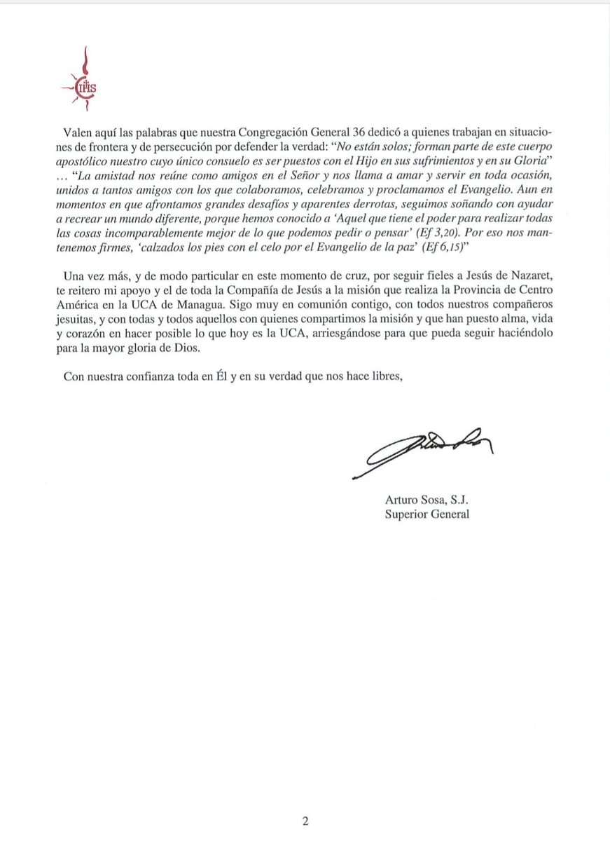 Carta del Superior General de la Compañía de Jesús, P. Arturo Sosa, S.J. ante la injusta medida de incautación y confiscación de los bienes de la Universidad Centroamericana, UCA de Managua.