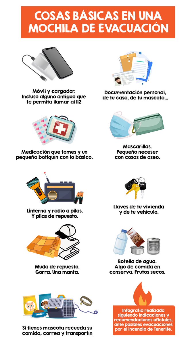eltipiquisimo's tweet image. 🔥🏠 Ante una posible evacuación por el incendio, se recomienda tener una mochila preparada con algunas cosas básicas.

🎒Hice una infografía rápida según las recomendaciones oficiales de los servicios de emergencias. La dejo aquí por si puede servir de guía.

#IFArafoCandelaria