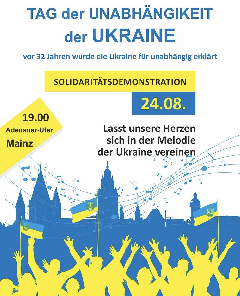 MAINZ 24.8.23

Kundgebung um 19 Uhr am Adenauer-Ufer

instagram.com/p/Cv2mXgBsRPP/…

#StandWithUkraine️ #stopgenocideukraine #ProUkraineDemo