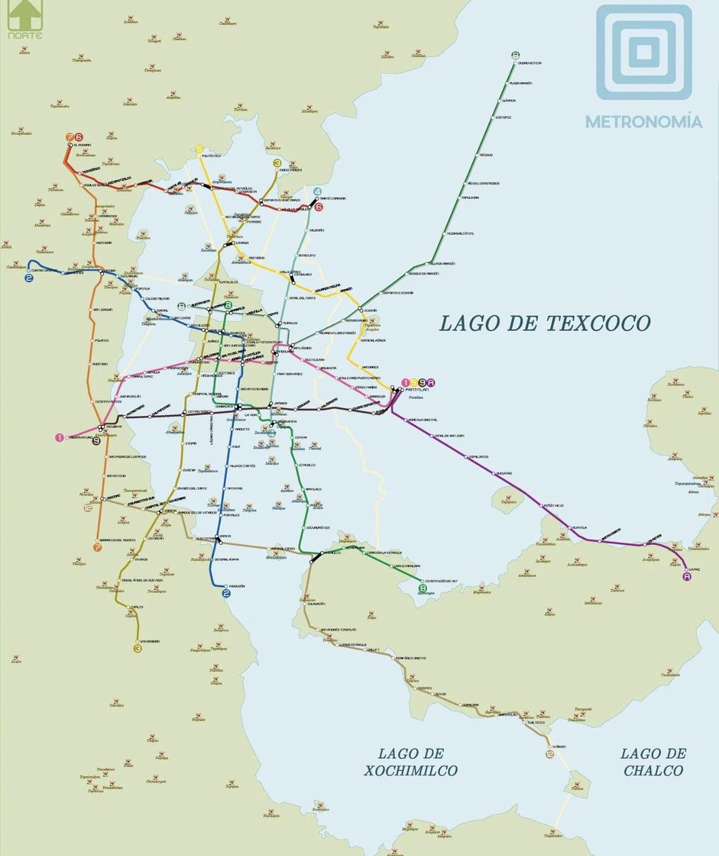 Cuauhtemoc_1521's tweet image. La impresionante extensiónde la red del Sistema de Transporte Colectivo, mejor conocido como Metro en sobreposición a un antiguo plano de la Cuenca de México de inicios del siglo XVI, cuando Tenochtitlan se encontraba en su apogéo. Noten como algunas líneas atraviesan el antiguo…
