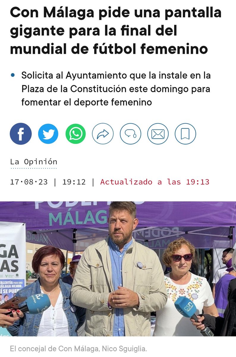 Solicitamos al Sr. <a href="/pacodelatorrep/">Paco de la Torre</a> que instale una pantalla gigante y 'fan zone' en la Plza. Constitución de #Málaga para que disfrutemos la final del #MundialFemenino2023 en un lugar céntrico y público. 

🗞 laopiniondemalaga.es/malaga/2023/08…

#FIFAWWC2023