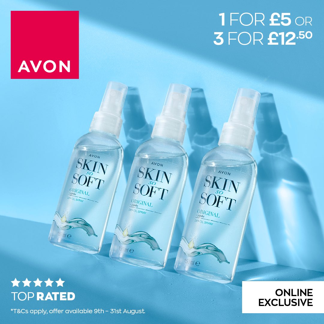 What's better than a bottle of Skin So Soft Dry Oil Spray? 🤔 3 bottles! 🤩 The amazing 3 for £12.50 offer is back online, so now's your time to stock up 🙌  #SkinSoSoft #SummerEssentials #Bestseller #Avon online.shopwithmyrep.co.uk/c08_uk_2023/?r…