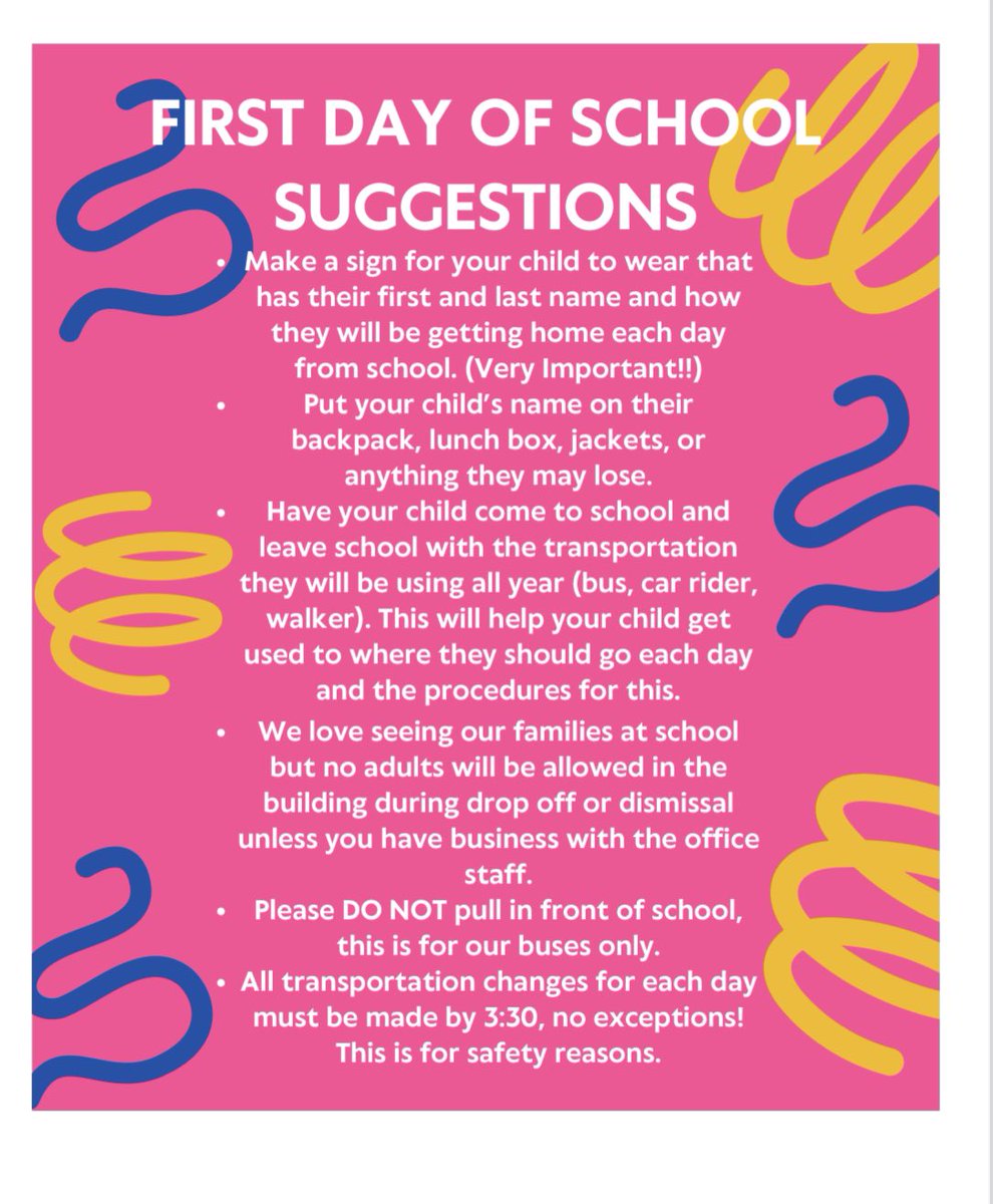 We are excited to welcome our students back tomorrow! Here is a first day reminders sheet just to get ready! See everyone tomorrow!!
