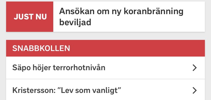 erkstam's tweet photo. Sverige just nu sammanfattat i tre rubriker efter varandra av @svtnyheter 

Om bara Natomedlemskapet blivit klart ngn gång så skulle ju allt lugna ner sig. Koranbränningarna kommer iaf som genom ett trollslag upphöra exakt då. https://t.co/7HTa0oaBUK